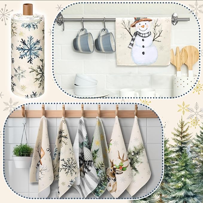36 Pcs Christmas Reusable Paper Towels Rolls Washable Bulk Christmas Tree Reindeer Kitchen Towels Paperless Reusable Cloth Cotton Napkins with Cardboard for Kitchen Bathroom