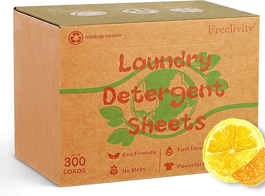 Freelivity Laundry Detergent Sheets, 300 Sheets Lemon Orange - Eco-Friendly Hypoallergenic Plastic-Free LiquidLess Clothes Washing Detergent Supplies for Save Space Travel Camping