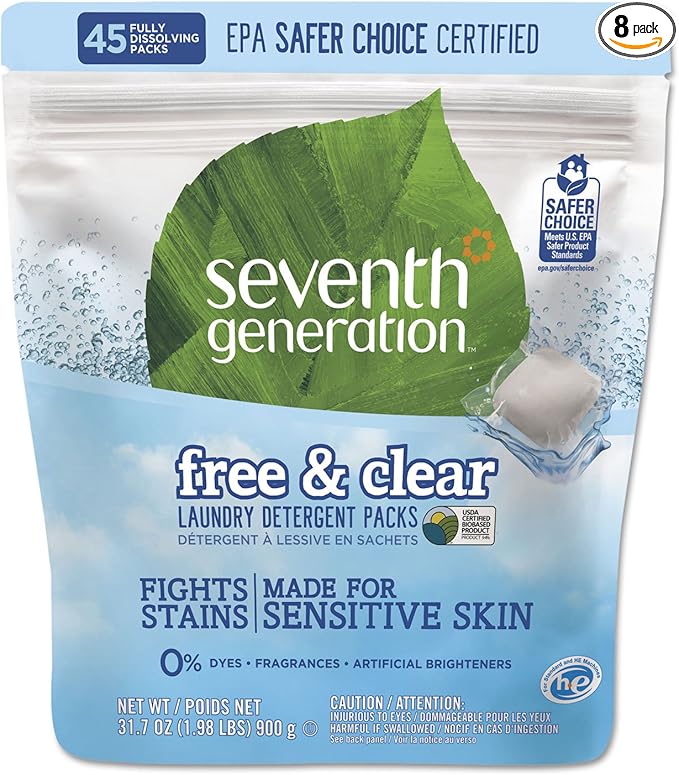 Natural Laundry Detergent Packs, Powder, Unscented, 45 Packets/Pack, 8/Carton