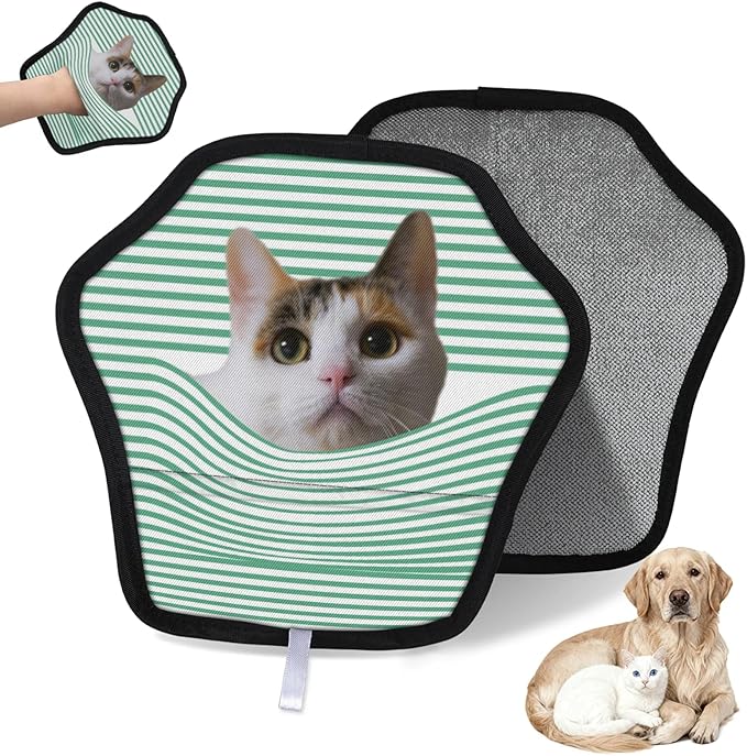 XIOBODR Personalized Pet Hair Remover Glove for Dogs & Cats - Custom Photo & Name Magic Brush for Dog Cat Hair Removal, Reusable Electrostatic Pet Hair Gloves for Furniture Carpet Couch, Green Stripe