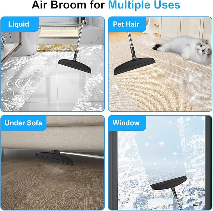 UDUK Broom with Dustpan Combo Set and Silicone Air Broom Kit, 51" Long Handle Floor Squeegee, Black Household Kit for Glass Window Rugs Pet Hair Home