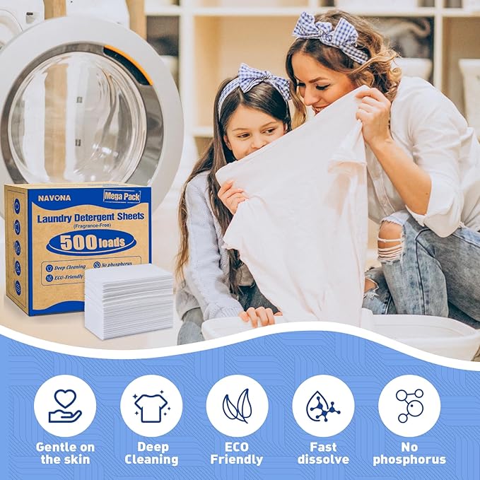 500 Loads Laundry Detergent Sheets, Eco-friendly Laundry Sheets, Powerful Cleaning, Suitable for Homes, Dorms, and Apartments- [Fragrance-Free]