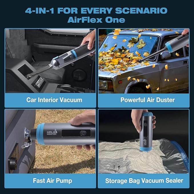 HAUSMEISTER Airflex One Cordless Car Vacuum 16000Pa, 4-in-1 Handheld Vacuum with Air Duster & Inflator, Portable Mini Vac for Car Detailing, Pet Hair, Keyboard Cleaning