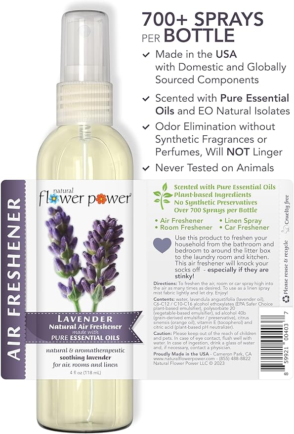 Natural Flower Power Air Freshener Spray - Odor Eliminator with Essential Oils for the Home, Car & Fabric - Cruelty Free & Vegan - Lavender + Peppermint & Lemon - 2 x 4 oz