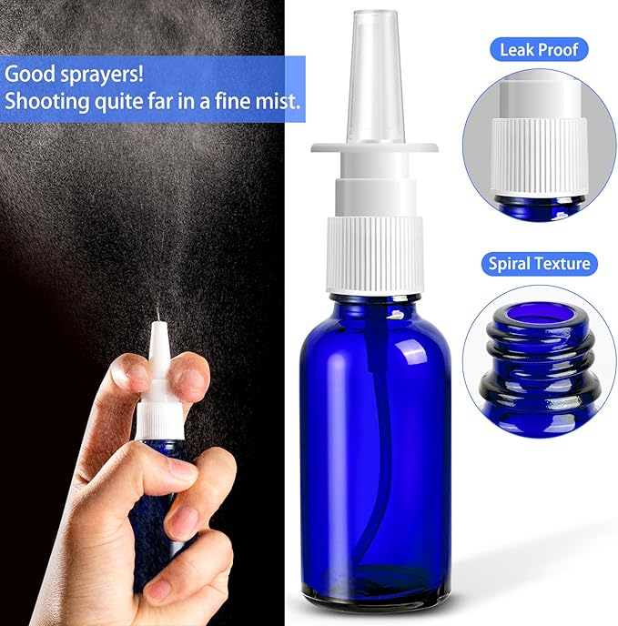 20 Pcs Nasal Spray Bottles, 30ML/1oz Blue Glass Refillable Fine Mist Empty Nasal Spray Bottle with 4 Pcs Funnels and 4 Pcs Labels…