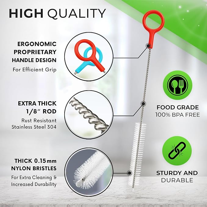 Buenalife Heavy Duty Cleaning Brushes Set of 4 - Extra Long Straw Cleaners for Metal and Plastic Reusable Drinking Straws, to Clean Small Spaces, Sippy Cups, Water Bottles - Sturdy Hard Brush Bristles