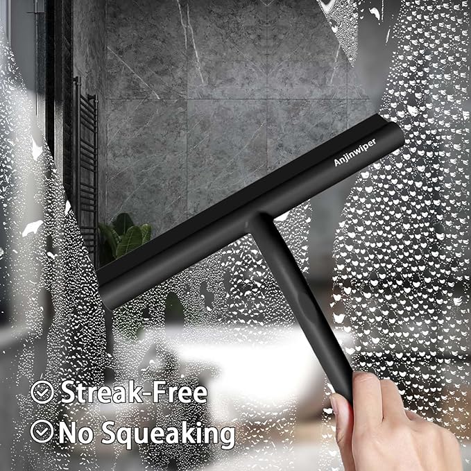 Anjinwiper All-Purpose Shower Squeegee for Glass Doors, Shower Door Squeegee with Hook, Silicone Squeegee for Bathroom, Shower Doors, Mirrors, Tiles(Black)