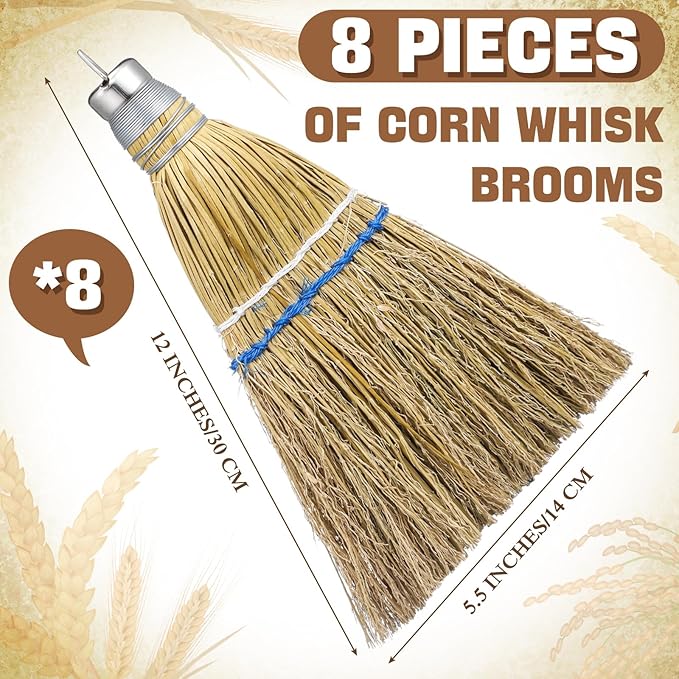 Suclain 8 Pcs 12 Inch Whisk Broom Hand Held Mini Corn Straw Whisk Broom Short Handle with Metal Hanger Halloween for Multi Surface Sweeping Small Hand Brush for Outdoor Car Porch Debris Dust Dirt