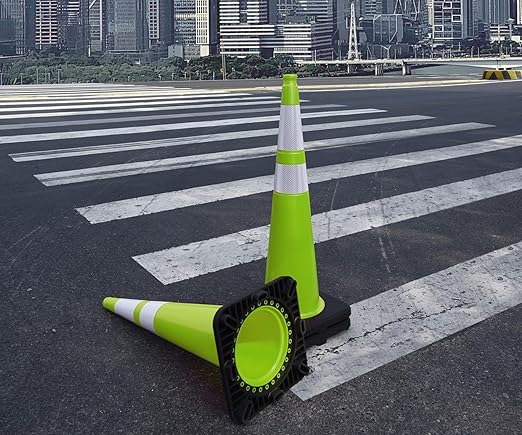 Fluorescent Orange/Green PVC Traffic Cones, Heavy Black Base Parking Lot Cone Structurally Stable Weatherproof Road Construction Safety Cones (4, Green, 36" Extra Large)