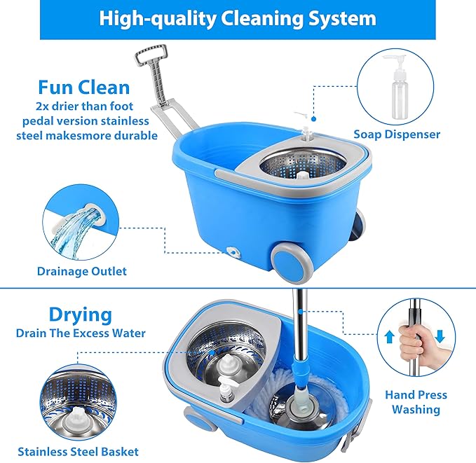 Mop and Bucket with Wringer Set for Home，360° Spin Mop and Bucket on Wheels and 3 Microfiber Mop Refills, Stainless Steel 61" Extended Handle Spinning Mop Bucket System for Floor Cleaning
