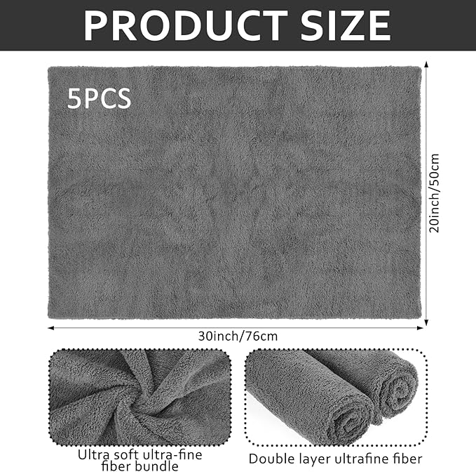 Anmrept 5 PCS Extra Large Microfiber Cleaning Cloth 30"x20", Washable Reusable Floor Cloth for Squeegee Mop House Floor Kitchen Car Window Highly Absorbent, Lint and Streak Free (Grey)