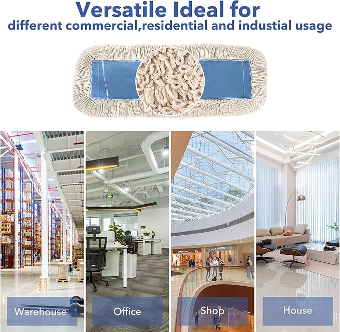 Matthew Cleaning 36'' Industrial Strength Cotton Dust Mop Refill Washable Replacement Heads for Residential & Commercial Use Fit Standard Dust Mop Frames, Hardwood, Concrete Floors Blue&White 3 Pack