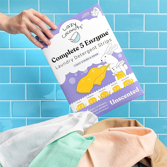 Lazy Coconuts Complete 5 Enzyme Laundry Detergent Strips - Unscented, 48 Loads - Sulfate Free Laundry Detergent With Solid And Liquid Enzymes - Fights Natural Stains and Odor