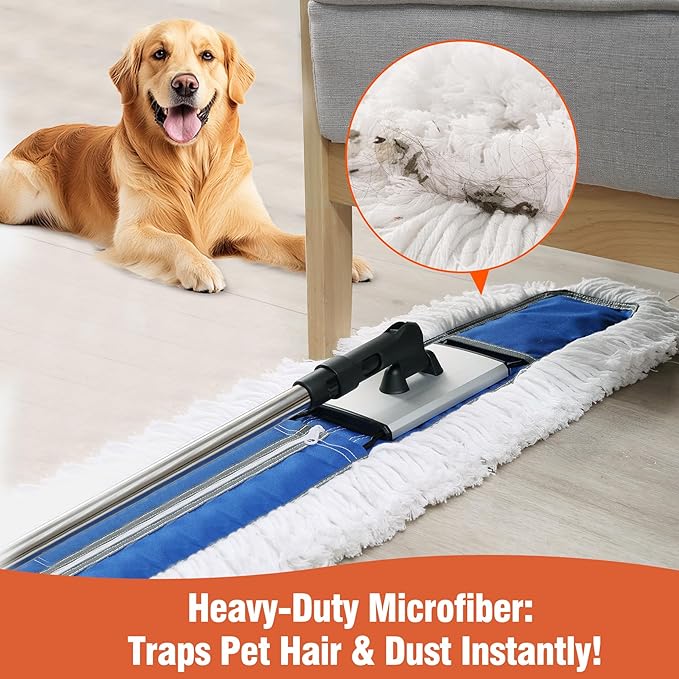 CLEANHOME 24" Heavy-Duty Commercial Dust Mop for Hardwood Floors & Large Areas - with 2 Microfiber Pads, Reinforced Telescoping Handle for Stable Cleaning in Homes, Garages & Commercial Spaces