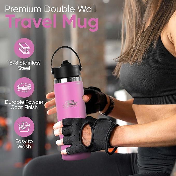 Fuller Stainless Steel Water Bottle with Straw Lid – BPA-Free, Sweat-Proof, Leak-Proof Travel Mug – Double Wall Insulated for Hot & Cold Drinks – Carry Handle (Bright Pink, 20 Oz.)