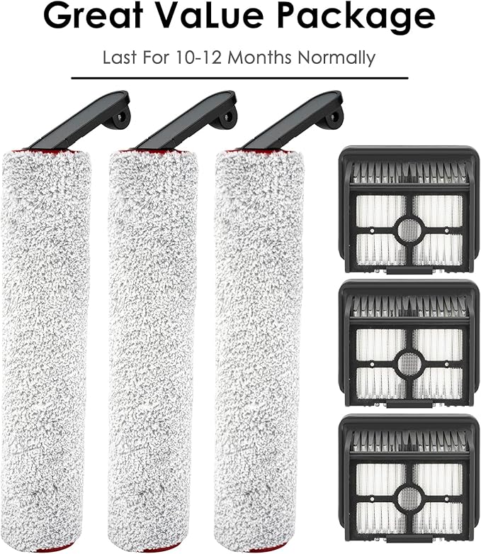 (6 Pack) H12 Pro Replacement Brush Rollers and HEPA Filters Compatible with Dreame H12 Pro/ H12 Dual Cordless Wet and Dry Vacuum Cleaner, 3 Brush Rollers, 3 HEPA Filters, Accessories Kit