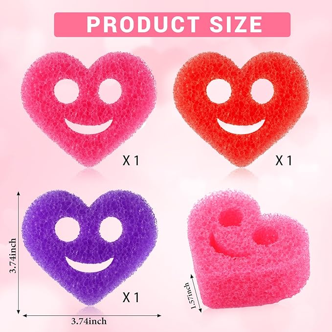 FillTouch 3 Pcs Dual Sided Scrub Sponge Multi Functional Cute Temperature Sensitive Non Scratch Dish Sponge for Washing Dishes Kitchen Bathroom(Heart,Red, Pink, Purple)