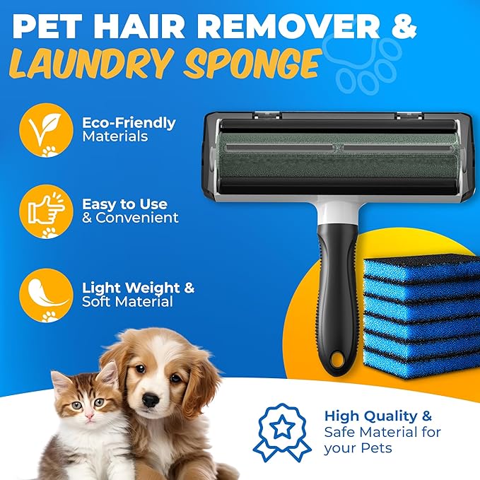 Pet Hair Remover for Laundry – 6 Reusable Fur Catching Sponges & Lint Roller Brush – Dog & Cat Hair Remover for Washer & Dryer – Multi-Purpose Laundry Set for Clothes & Bedding