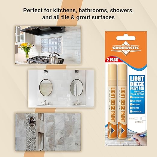 Light Beige Grout Paint Pen – Tile Grout Colorant & Sealer Marker, Quick-Dry, Ideal for Bathroom, Shower, Kitchen Tiles – Restores Grout Lines,3 Adjustable Tips (2-3 mm) 2 Pack