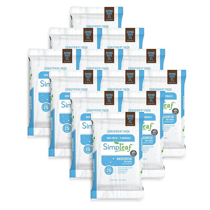 Simpleaf Flushable Wet Wipes Unscented | Plastic Free, Paraben & Alcohol Free | Hypoallergenic & Safe for Sensitive Skin | Soothing Aloe Formula | Adult Toilet Wipes (12 x 50 Counts Pack) 600 Counts