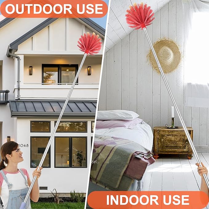 TOXYMHO Cobweb Duster with Extension Pole, 59" Adjustable Stainless Steel Pole, Washable Duster with Medium-Stiff Bristles for Ceiling Fan, High Ceilings, Blinds, Furniture, Kitchen, and Home Cleaning