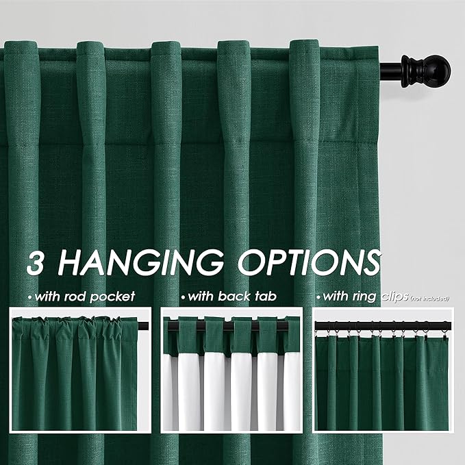 Dark Green Linen Curtain 108 Inches Long 2 Panel Set Blackout Curtains with Back Tab Pocket Cotton Textured Room Darkening Noise Reducing Drapes for Bedroom Cottage High Window 52x108