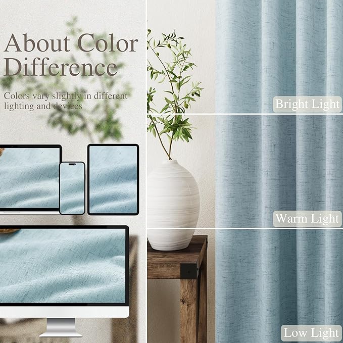 Blackout Light Blue Linen Curtains 96 Inches Long Back Tab Heat Reflective Full Light Block Out Curtain 2 Panels for Bedroom Window Textured Long Draperies with Liner Floor to Ceiling Length 52x96