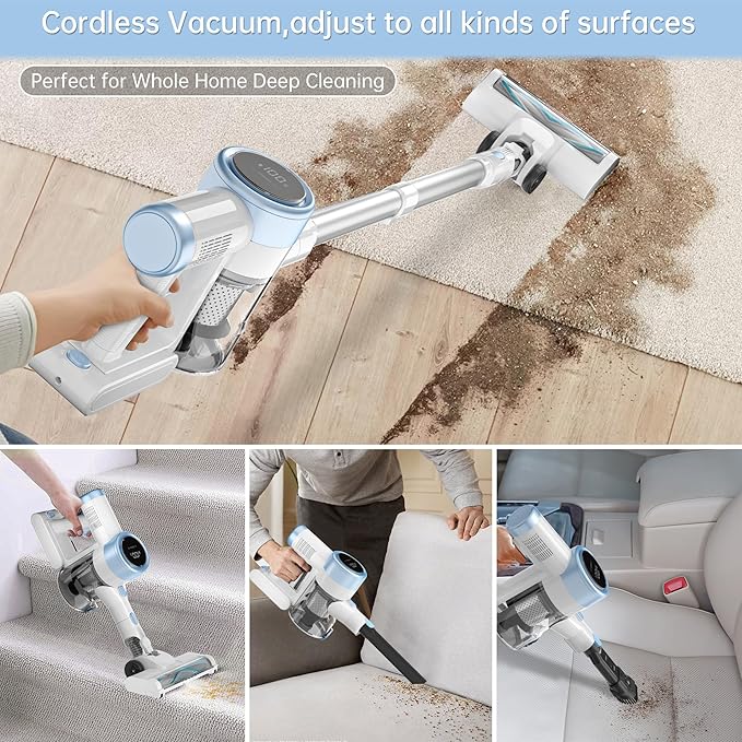 Cordless Vacuum Cleaner, 500W 45Kpa Vacuum Cleaners for Home, 6-in-1 Stick Vacuums with LED Touch Screen, Rechargeable Cordless Vacuums for Pet Hair Carpets Hard Floors, 1.0L Dust Cup