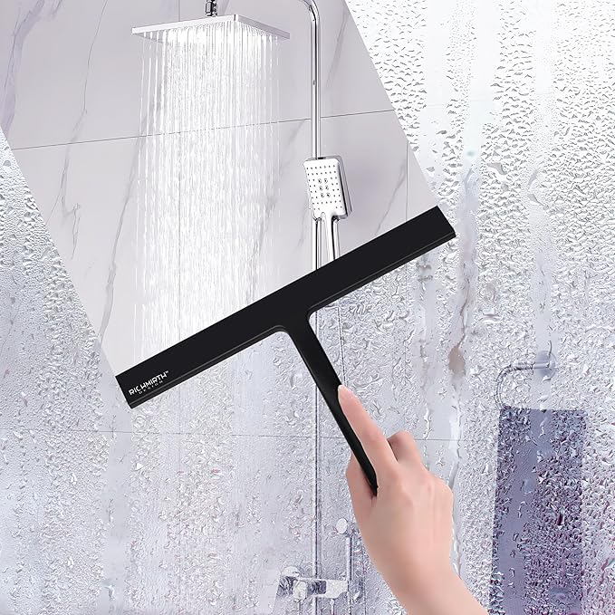 Shower Squeegee for Glass Doors, 10 Inch Width Silicone Rubber Blade Squeegee Window Cleaner Tool Squeegee for Shower Glass Doors Bathroom Mirror Car Window Tile - White (Black)