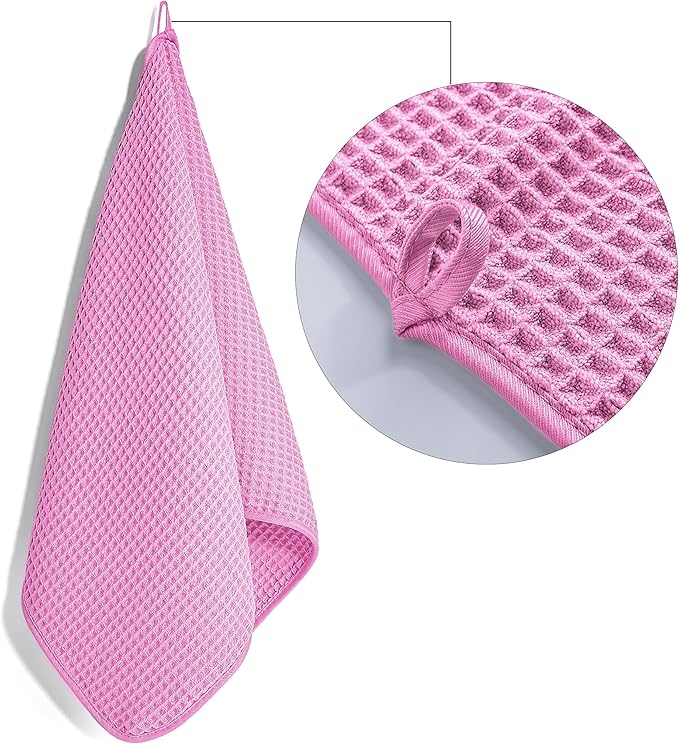 POLYTE Microfiber Lint Free Hand Towel, 16 x 30 in, 4 Pack (Pink, Waffle Weave)