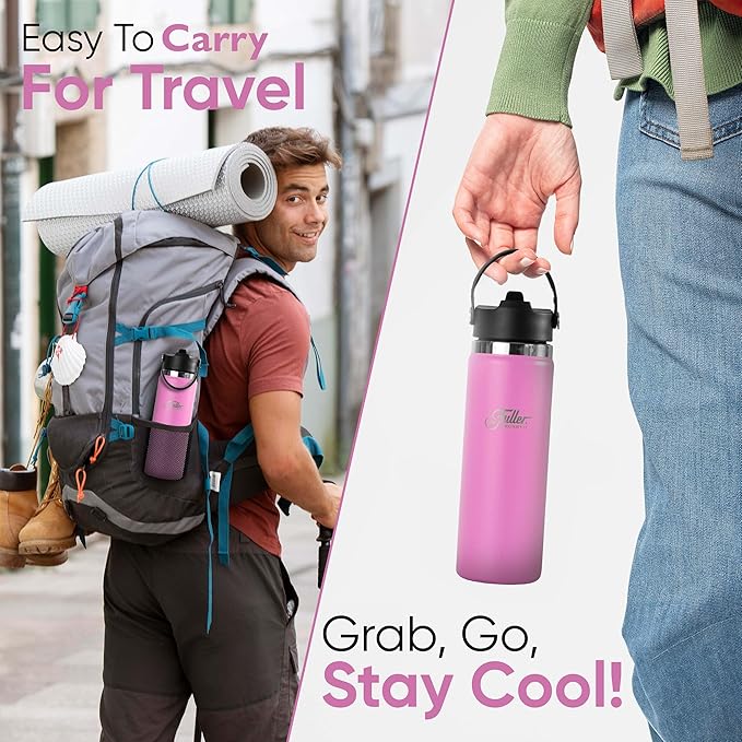 Fuller Stainless Steel Water Bottle with Straw Lid – BPA-Free, Sweat-Proof, Leak-Proof Travel Mug – Double Wall Insulated for Hot & Cold Drinks – Carry Handle (Bright Pink, 20 Oz.)