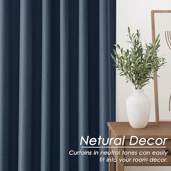 Nanspring Denim Blue Linen Blackout Curtains 96 Inches Long Loop Pocket Rod Pocket Flax Linen Noise Reducing Full Shading 2 Panels Set for Dining Room Elegant Modern Curtains Drapes 52x96