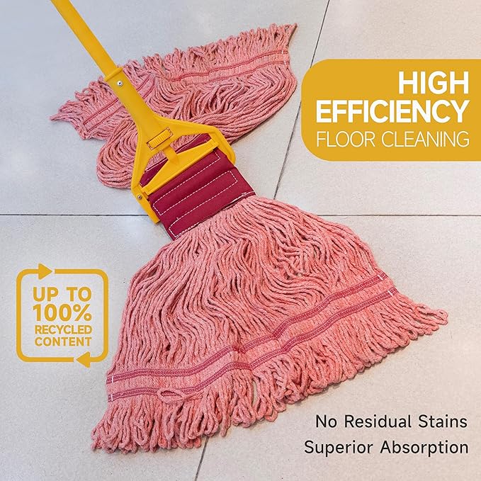 ONESIMUS 30 oz Pack of 12 Cleaning Heavy Duty Industrial Commercial Grade Looped-End Mop Head Replacement,6'' Headband Cotton String Wet Mop Head Refills,Machine Washable Red Mop