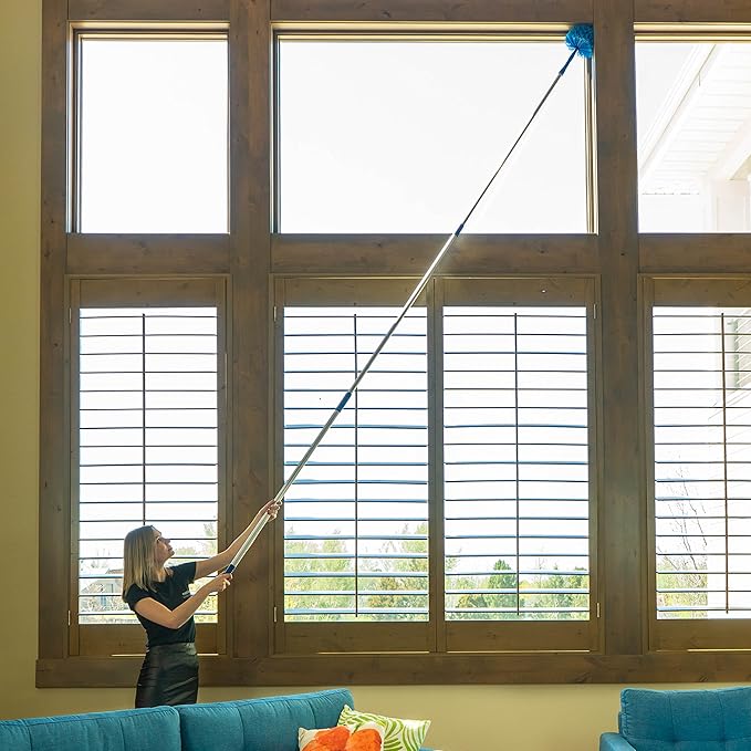 Extension Rod & Blue Extension Cobweb Duster Ultimate Dusting Kit - Extendable Reach 20 feet, Ceiling Fan Duster, Long Handle Aluminum Telescoping Pole, Webster Duster for Cleaning