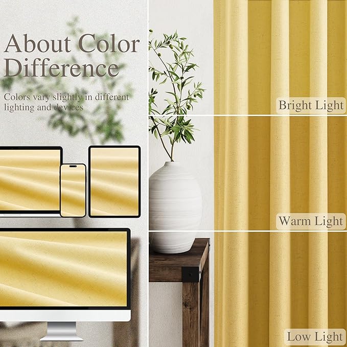 Nanspring Gold Yellow Linen Blackout Curtains 108 Inches Long Loop Pocket Rod Pocket Cooling Noise Reducing 100% Blackout 2 Panels Set for Bedroom Neutral Rustic Curtains Drapes 52x108