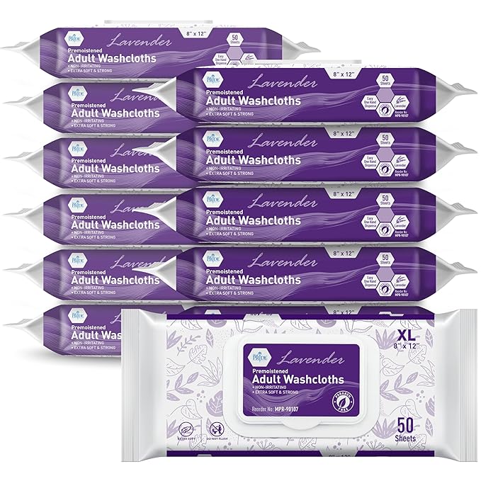 MED PRIDE Premoistened Disposable Washcloths for Adults 8 X 12 in | Ultra-Soft, Paraben-Free, No-Rinse | Lavender Scent | Pack of 600