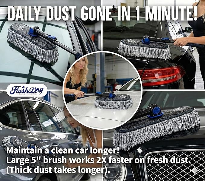 Flash Dog Car Duster Exterior Scratch Free Aluminum Alloy Extendable Handle and Microfiber Head Waterless Cleaning Brush for Cars, Trucks, SUVs Portable Car Duster
