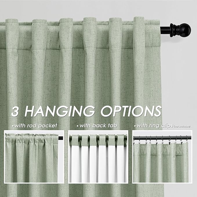 Blackout Light Sage Linen Curtains 96 Inches Long Back Tab Heat Reflective Full Light Block Out Curtain 2 Panels for Bedroom Window Textured Long Draperies with Liner Floor to Ceiling Length 52x96