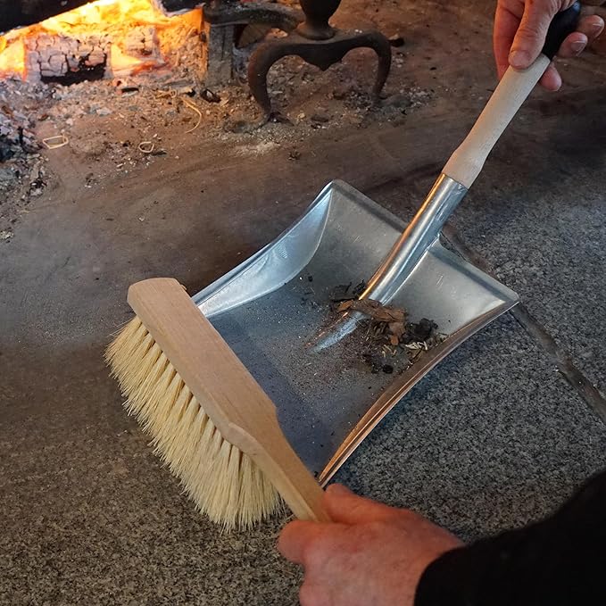 Fireplace Shovel and Hearth Brush Set - Ash Shovel Metal Dustpan and Chimney Sweep Brush Fireplace Tools with Wood Handles and Natural Fiber Bristles - Fireplace Tool Set by Kings County Tools