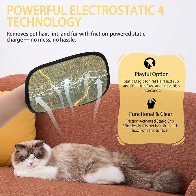 Cat Hair Remover Glove – Reusable Washable Electrostatic Pet Hair Removal Glove for Clothes, Couch & Car – 5-Finger Cleaning Glove for Cats & Dogs – 1Pcs (Black)