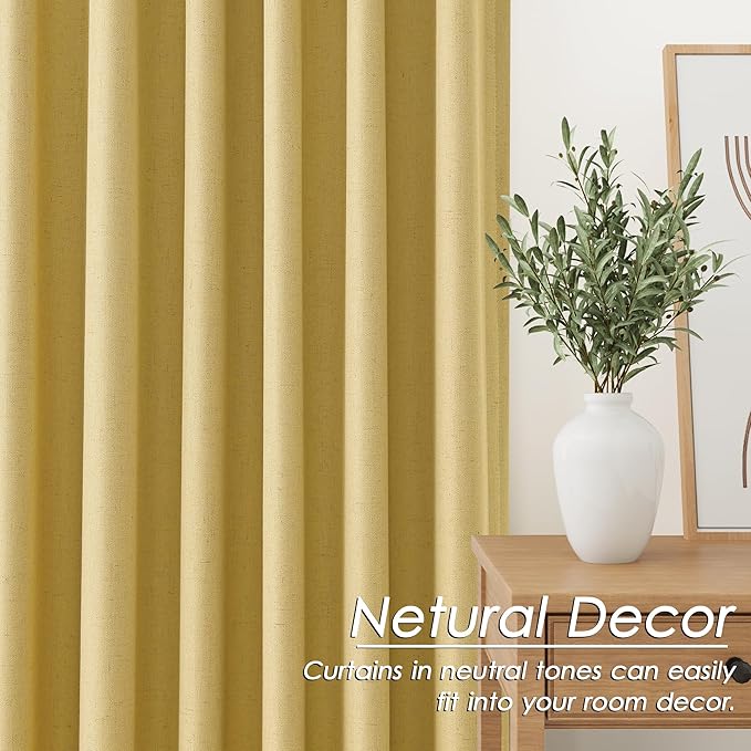 Nanspring Gold Linen Blackout Curtains 84 Inches Long Back Tab Rod Pocket Heat Reducing Noise Cancelling Total Sun Blocking 2 Panels Set for Sliding Door Boho Farmhouse Curtains Drapes 52x84