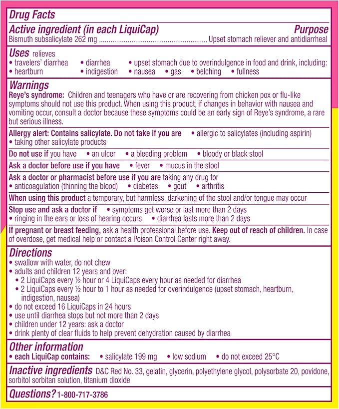 Pepto Bismol Liquicaps, Upset Stomach Relief, Bismuth Subsalicylate, Multi-Symptom Relief of Gas, Nausea, Heartburn, Indigestion, Upset Stomach, Diarrhea, 48 Liquicaps