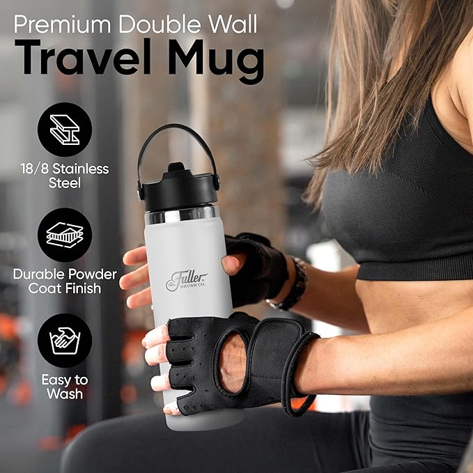 Fuller Stainless Steel Water Bottle with Straw Lid – BPA-Free, Sweat-Proof, Leak-Proof Travel Mug – Double Wall Insulated for Hot & Cold Drinks – Carry Handle (White, 20 Oz.)