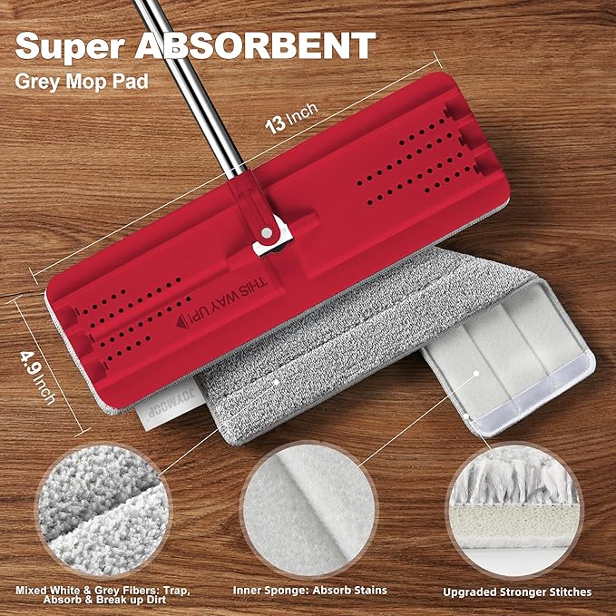 JOYMOOP Flat Mop, Microfiber Mops for Floor Cleaning and Wall Cleaner, 50" Mops with 13" Flat Head with a Microfiber Mop Pad - Black & Red