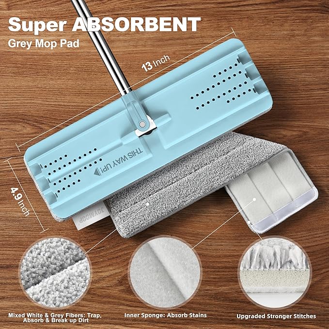 JOYMOOP Flat Mop, Microfiber Mops for Floor Cleaning and Wall Cleaner, 50" Mops with 13" Flat Head with a Microfiber Mop Pad - Pale Aqua