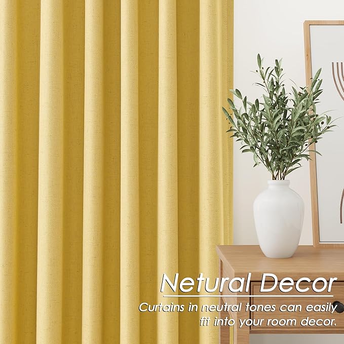 Gold Yellow Linen Blackout Curtains 102 Inches Long Thermal Insulated Back Tab Rod Pocket Flax Linen Sound Absorbing Blackout 2 Panels Set for Dining Room Modern Urban Curtains Drapes 52x102