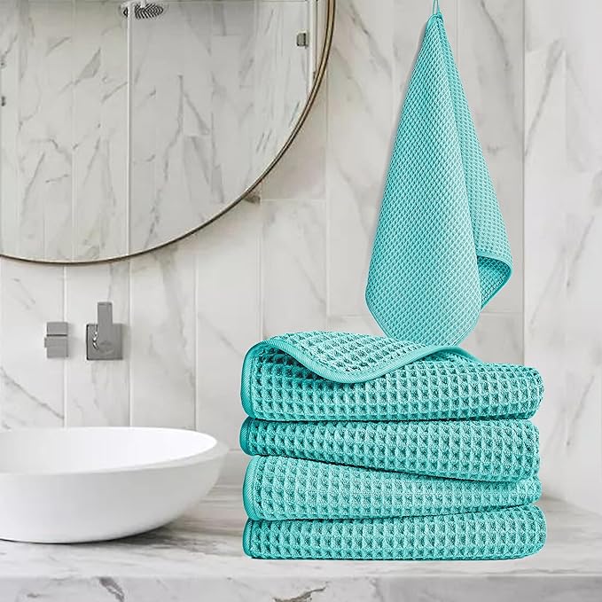 POLYTE Microfiber Lint Free Hand Towel, 16 x 30 in, 4 Pack (Aqua, Waffle Weave)