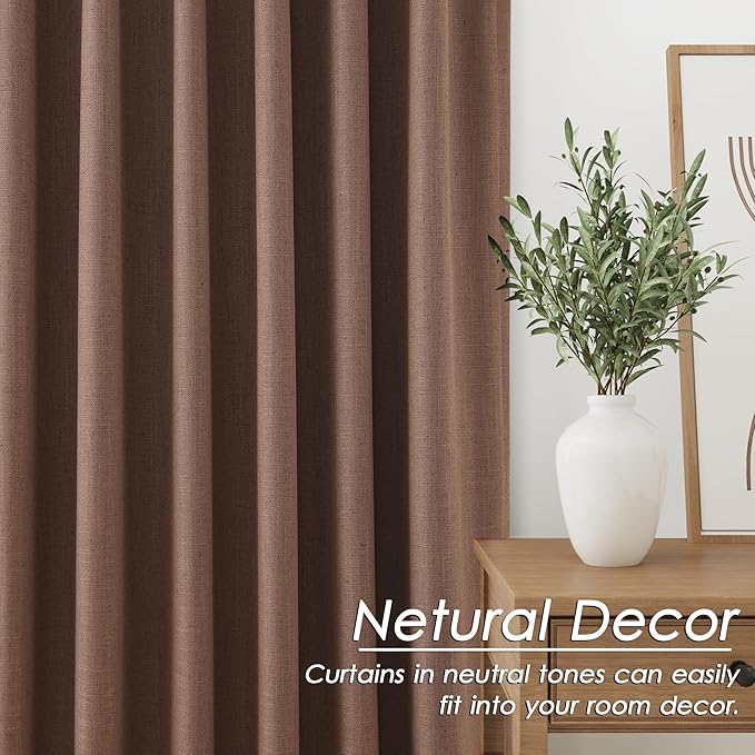 Caramel Brown Linen Blackout Curtains 120 Inch Length 2 Panels Set Burg Extra Long 10 Ft Back Tab Pocket Drapes Cotton Textured Total Sun Blocking Curtains for Living Room Cottage High Window 52x120