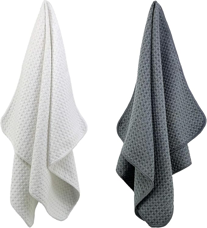 POLYTE Ultra Premium Microfiber Kitchen Dish Hand Towel Waffle Weave, 8 Pack (16x28 in, Gray, White)