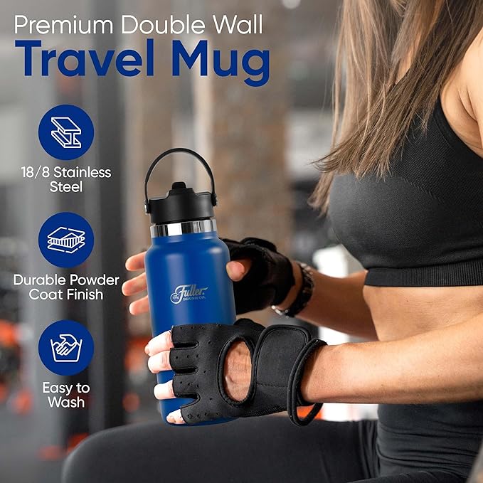 Fuller Stainless Steel Water Bottle with Straw Lid – BPA-Free, Sweat-Proof, Leak-Proof Travel Mug – Double Wall Insulated for Hot & Cold Drinks – Carry Handle (Mazarine Blue, 32 Oz.)